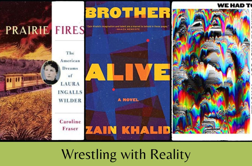 Small images of the three listed books above the text ‘Wrestling with Reality’ on a green background.