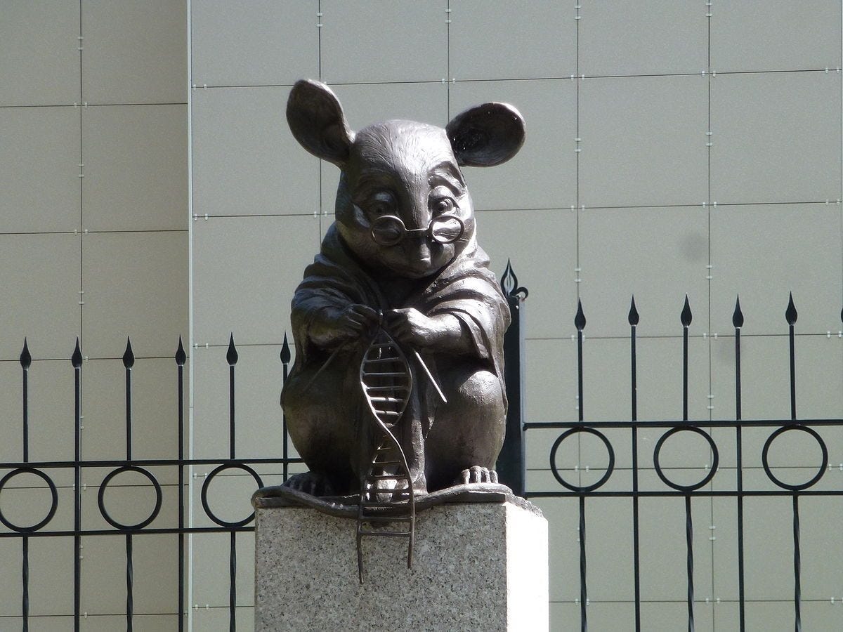 A statue of a mouse wearing glasses and a cape. They are knitting a strand of DNA as if making a scarf.
