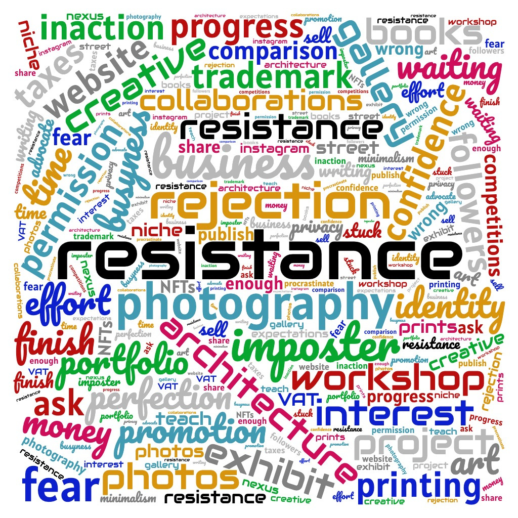 a word cloud containing words and concepts about my sense of resistance at the current time.