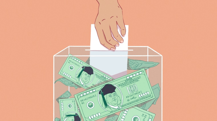 Illustration of hand casting ballot inside of ballot box full of 100 dollar bills. Benjamin Franklin, on the bills, is wearing a graduation cap.