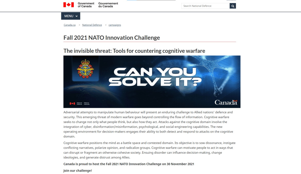 Canada NATO innovation challenge cognitive warfare