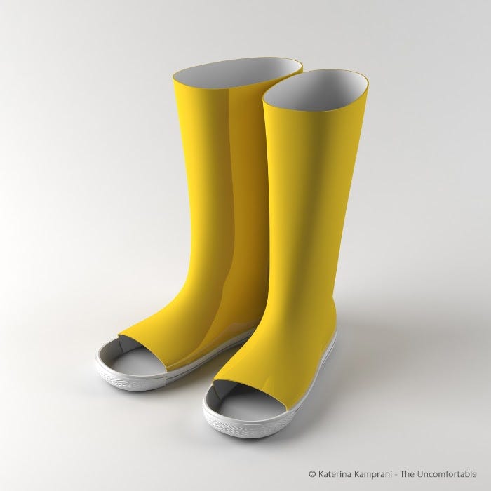 Rubber boots with open toes, to symbolize the risks of finding a mismatch for a product role