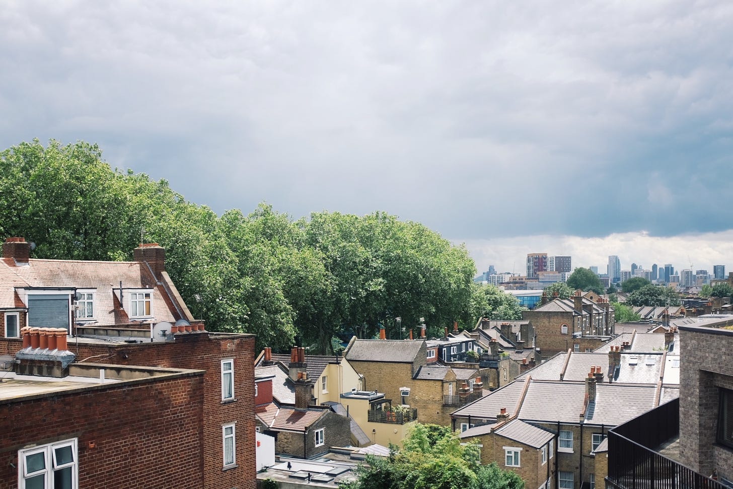 suburban rooftops in london, with a line of plane trees and a thundery sky in the background. There are many red-bricked buildings and tiled roofs, with a line of taller city towers on the horizon. The leaves on the trees are green and lit with sunlight.