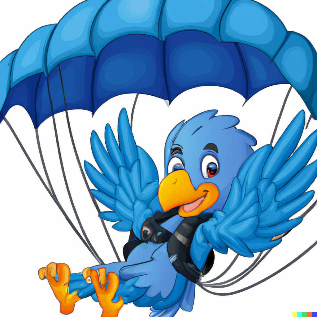 cartoon blue bird wearing a parachute / DALL-E