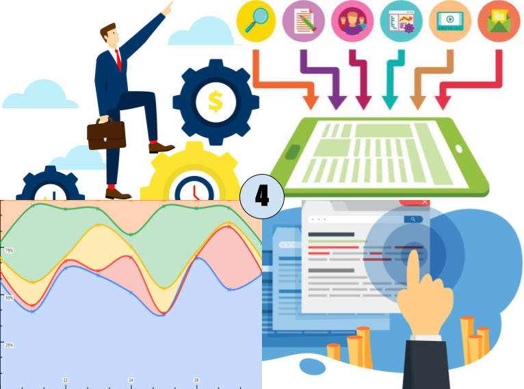 illustration of a man pointing upwards, a tablet, a wave graph,and a finder taping on browser page