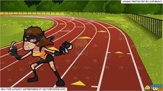 Source Clipart A Female Dressed Up In A Halloween Costume A woman with brown hair, wearing a black eye mask, gloves with steel claws, boots, shorts and an orange sleeveless shirt, bends her knees and bows her upper torso slightly to act like the mutant Wolverine.Outdoor Running Track Background Burgundy colored running track with white lanes and yellow arrows painted on the surface surrounded by green lawn.