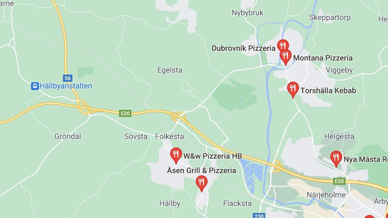 Screenshot of google maps showing the closest pizzerias near Hällbyanstalten.