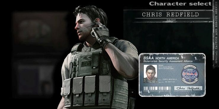 Resident Evil 5's version of Chris Redfield, at the character select screen with his BSAA badge showing.