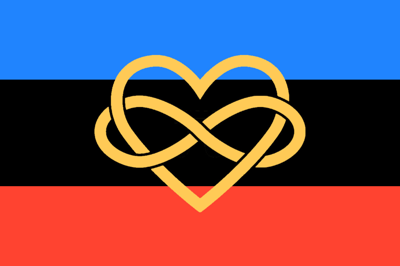 This is the polyamory flag! There are three equal horizontal lines: the top one is blue, the middle one is black, the bottom one is red. The symbol in the middle of the flag is a yellow heart with a yellow infinity loop going through it.