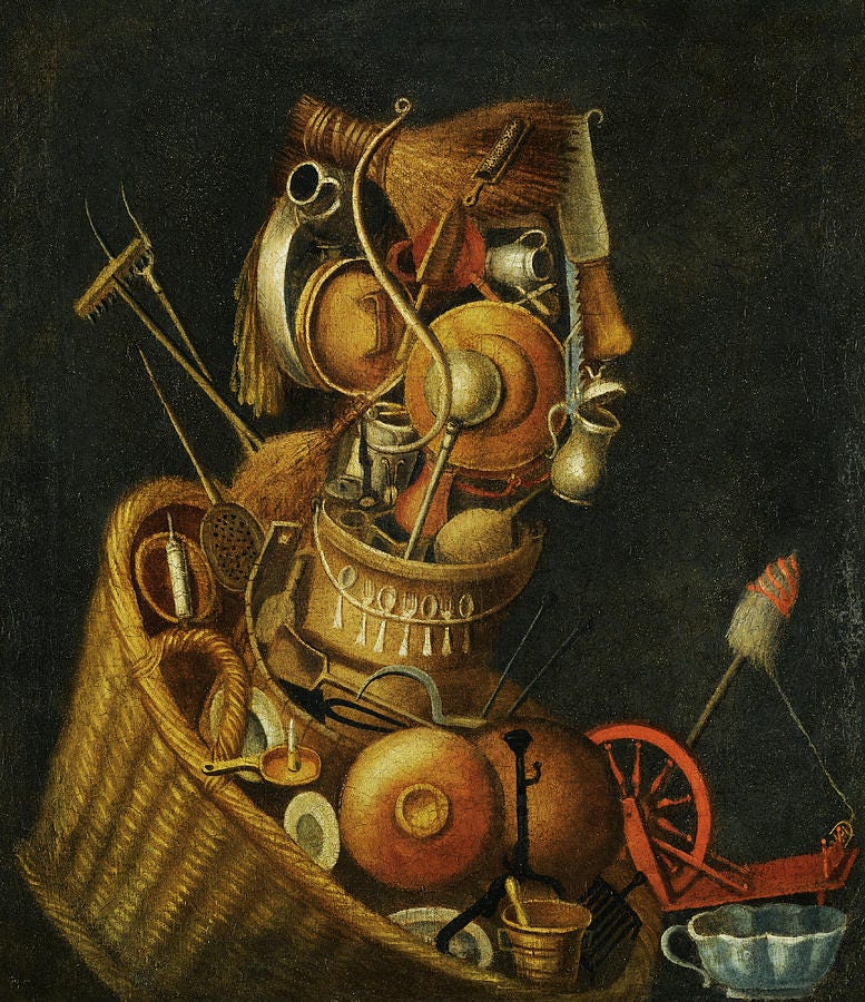Basket Painting - An Anthropomorphic Still Life with Pots Pans Cutlery a Loom and Tools by Circle of Giuseppe Arcimboldo