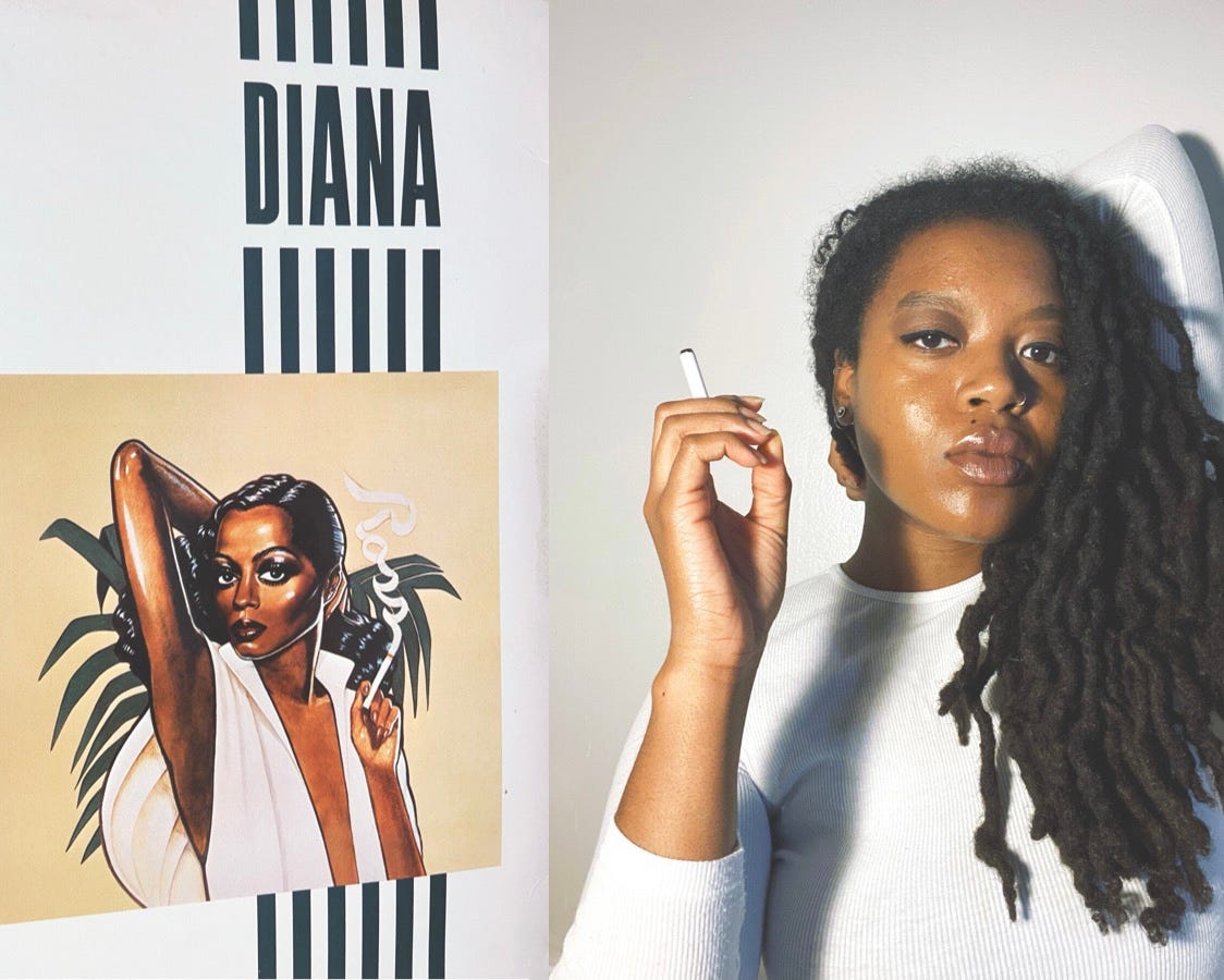 the writer pays homage to Diana Ross' Ross album cover from 1978, an illustration of Diana against a yellow background and leaves behind her back. She wears a white top and holds her hair to the side as she give a smoldering glare to the camera. Her other hand holds a cigarette where the smoke spells out "Ross."