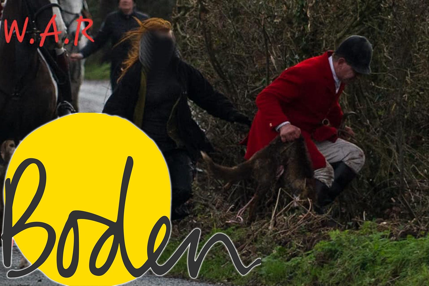 Boden logo over a photo of huntsman from Blackmore and Sparkford Vale Hunt carrying a dead fox.