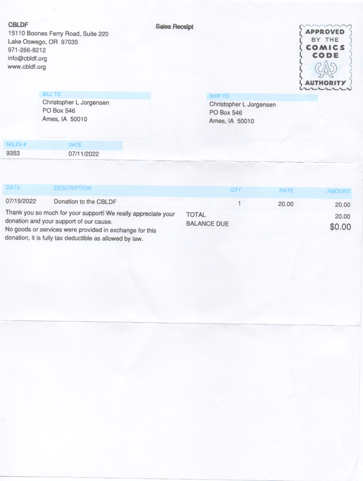 Scan of the receipt from the CBLDF. Transcript follows.