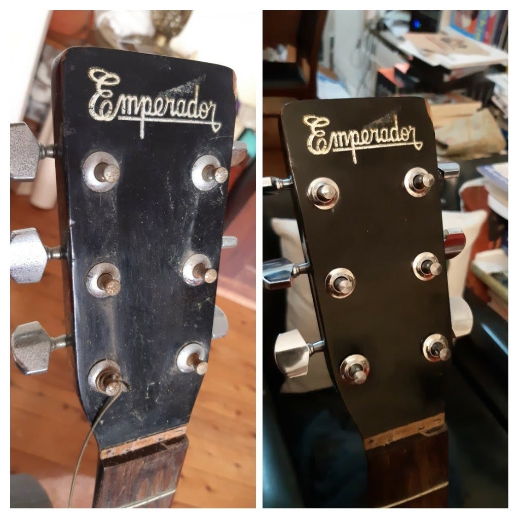 Emperador headstock before and after cleaning