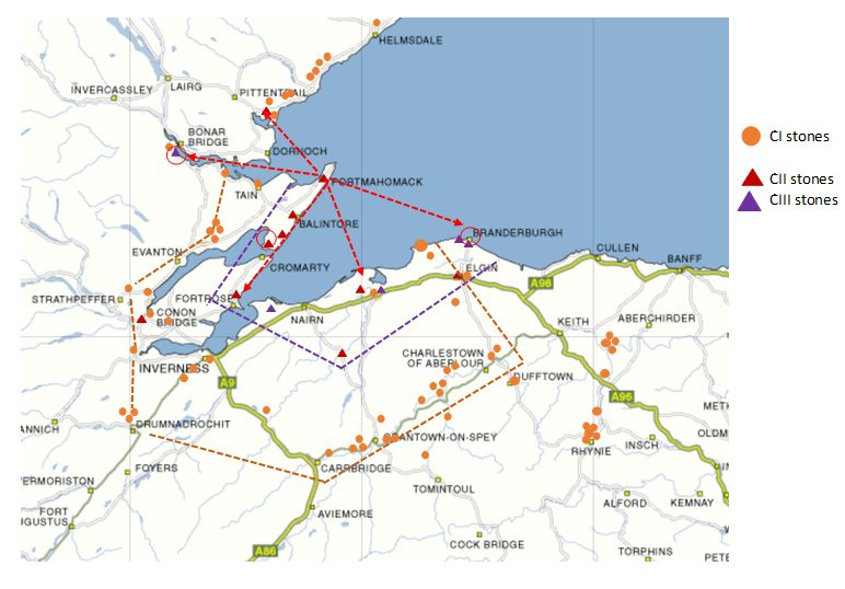 A map of the inner Moray First coast, marking out the locations of Pictish stones in the area, with tentative routeways sketched between them.
