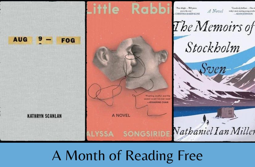 Cover images of the featured books above the text ‘A Month of Reading Free’ on a blue background.