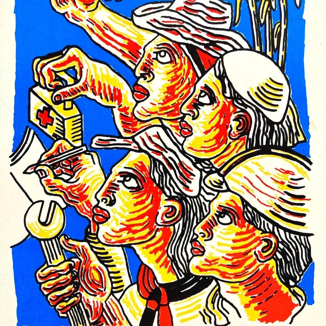 An illustration in yellow, black and red lines of men with hats holding medical equipment and tools and writing on notepads. There is a blue background.