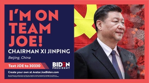 May be an image of 1 person and text that says 'I'M ON TEAM JOE! CHAIRMAN XI JINPING Beijing China Text JOE to 30330 BIDEN PRESIDENT Create your own It Avatar.JoeBiden.com'