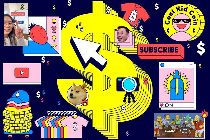 Graphics of dollar signs, t-shirts, coins, clothing rack, baseball cap, doge coin dog, CBD oil, The Simpsons, Elon Musk, Ash Xu's TikTok Screen Shot with big dollar signs in the background.