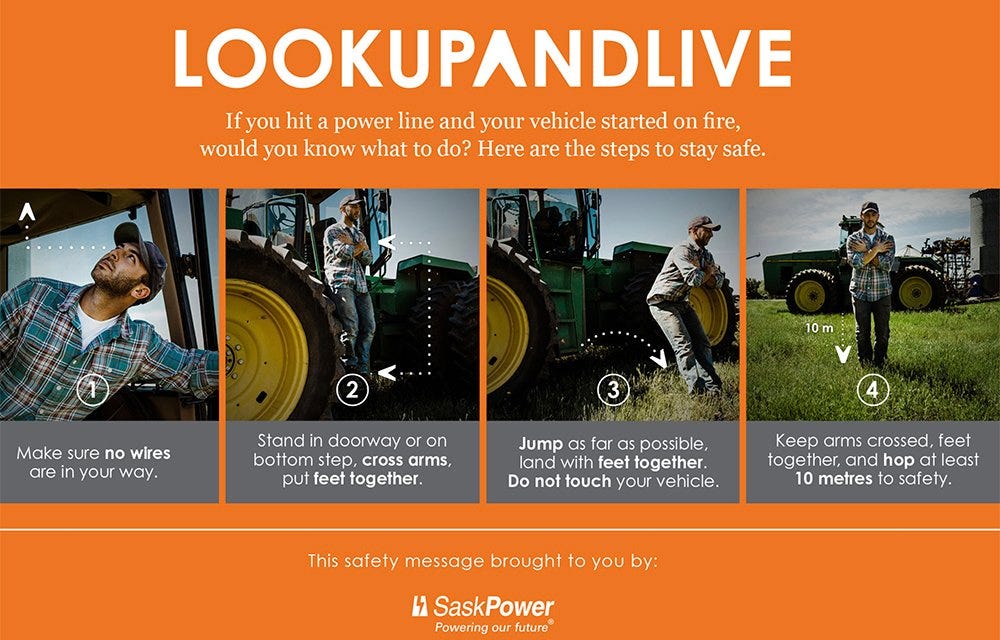 On April 23, SaskPower announced its annual "Look up and Live" campaign, reminding farmers to take an extra minute or two when operating machinery around power lines. | SaskPower graphic
