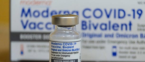 This photo shows a vial of the Moderna Covid-19 vaccine, Bivalent, at AltaMed Medical clinic in Los Angeles, California, on October 6, 2022.(Photo by RINGO CHIU/AFP via Getty Images)