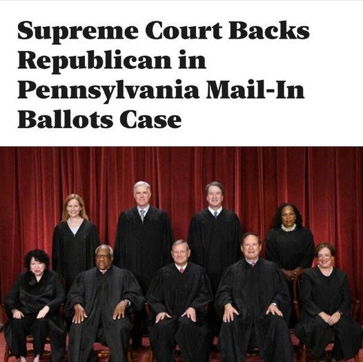 May be an image of 9 people and text that says 'Supreme Court Backs Republican in Pennsylvania Mail-In Ballots Case'