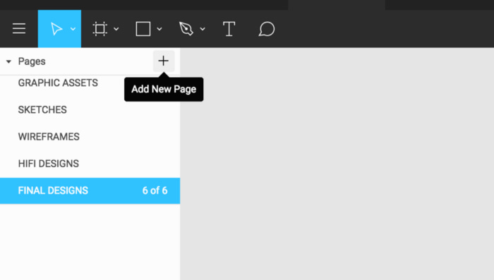 An overview of the pages function in Figma. The mouse is hovering about the Add new page button, with other pages such as Graphical Assets and Final Designs bein on the left-hand column.
