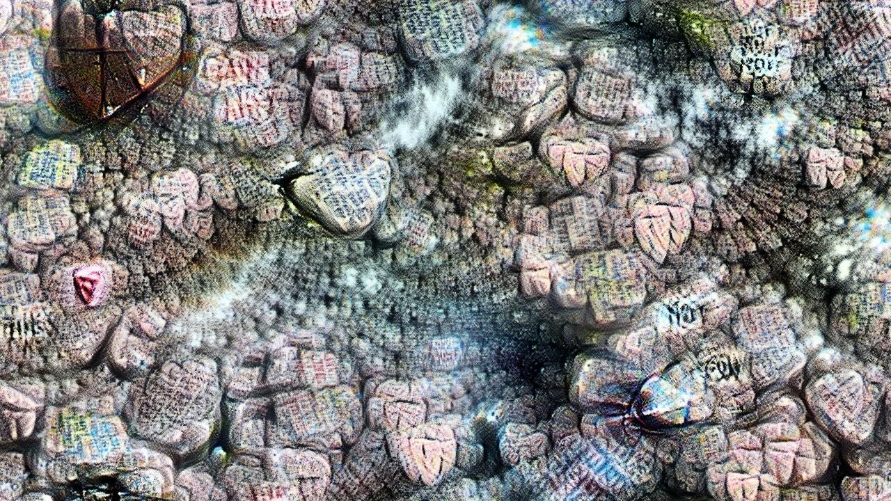 There are thousands of pastel-colored hearts, each illegible, pressed up against each other into a solid cavern that recedes into misty distance.