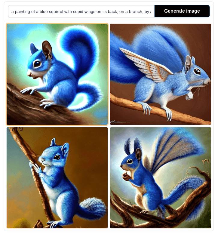 4 images of a blue squirrel with tiny cupid wings on a branch generated by AI