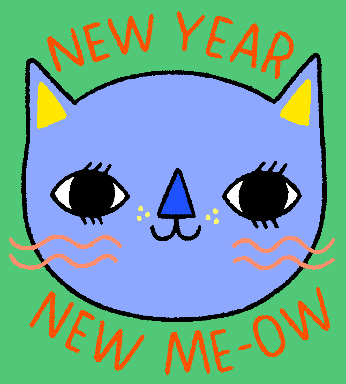 GIF: A blue cat blinks on a green background with the text "New Year, New Me-Ow"