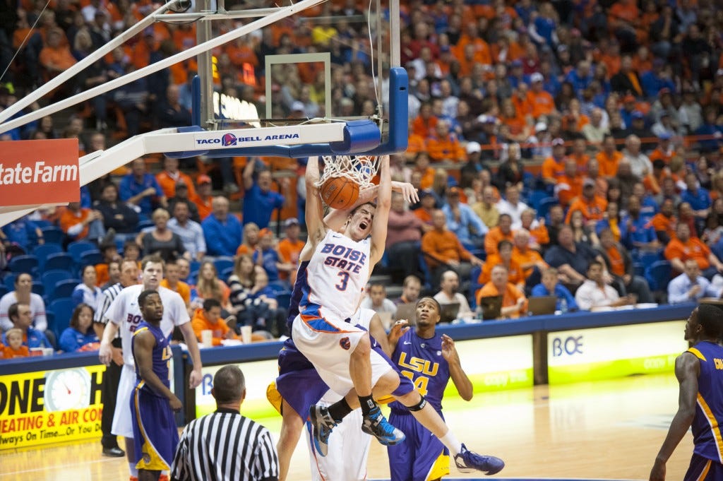 Drmic dunking in traffic against LSU - Courtesy Boise State Athletics
