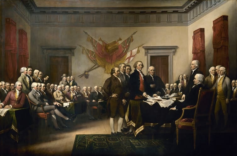 A painting of five men presenting papers to a group of men