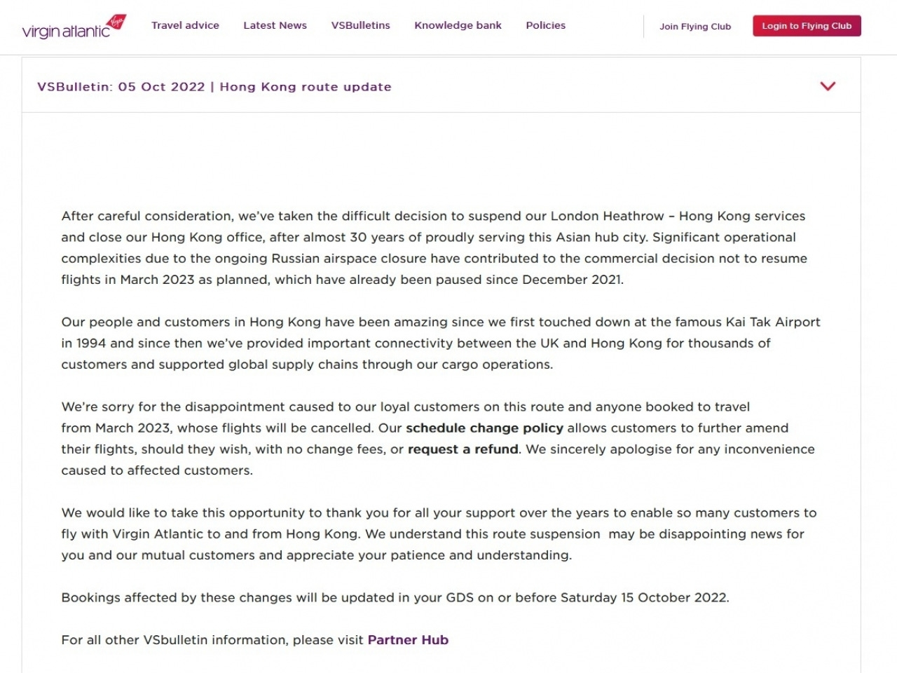 Virgin Atlantic apologises to customers affected by its decision to scrap its Hong Kong-London flights in an announcement on its website. Screenshot from Virgin Atlantic website