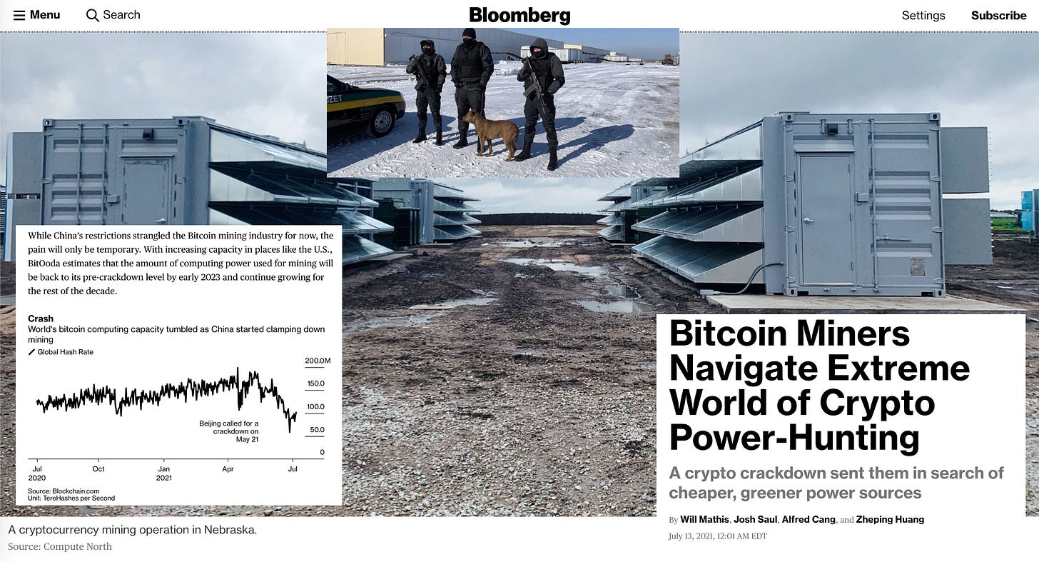 Collage from Will Mathis, Josh Saul, Alfred Cang, and Zheping Huang’s Bloomberg feature “Bitcoin Miners Navigate Extreme World of Crypto Power-Hunting” including an image of the grey power equipment of a Nebraska crypto mining operation under grey clouds, a graph showing the decline in global bitcoin hashrate since China banned miners, and armed guards standing outside a different mining facility in Kazakhstan.