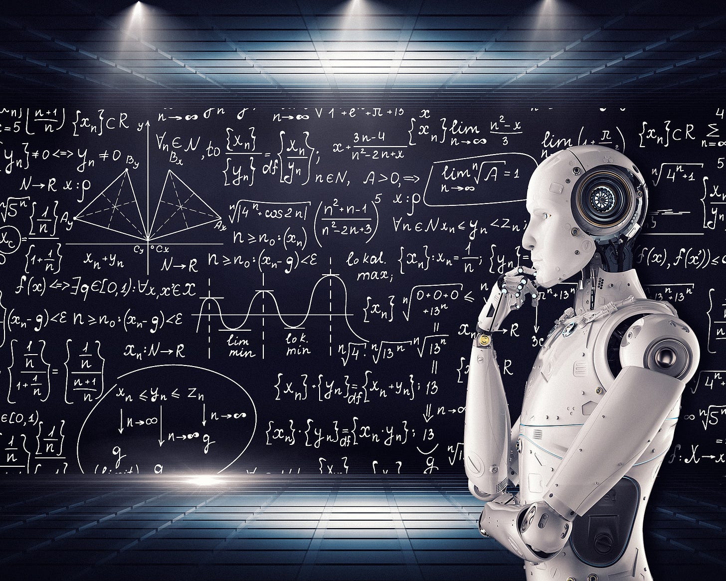 Image of Robot with chalkboard full of equations behind him.