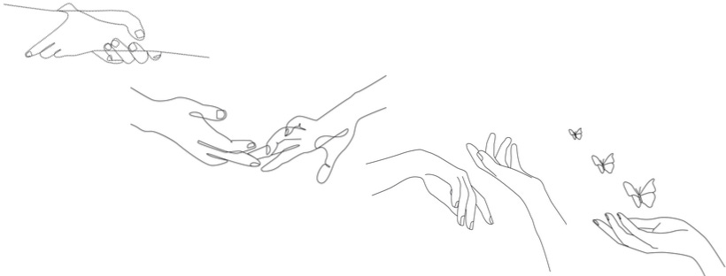 line drawings: 1) two hands clasping each other tightly around the wrist 2) the same hands now barely touching 3) the same hands now separated 4) a single hand with an open palm and butterflies rising