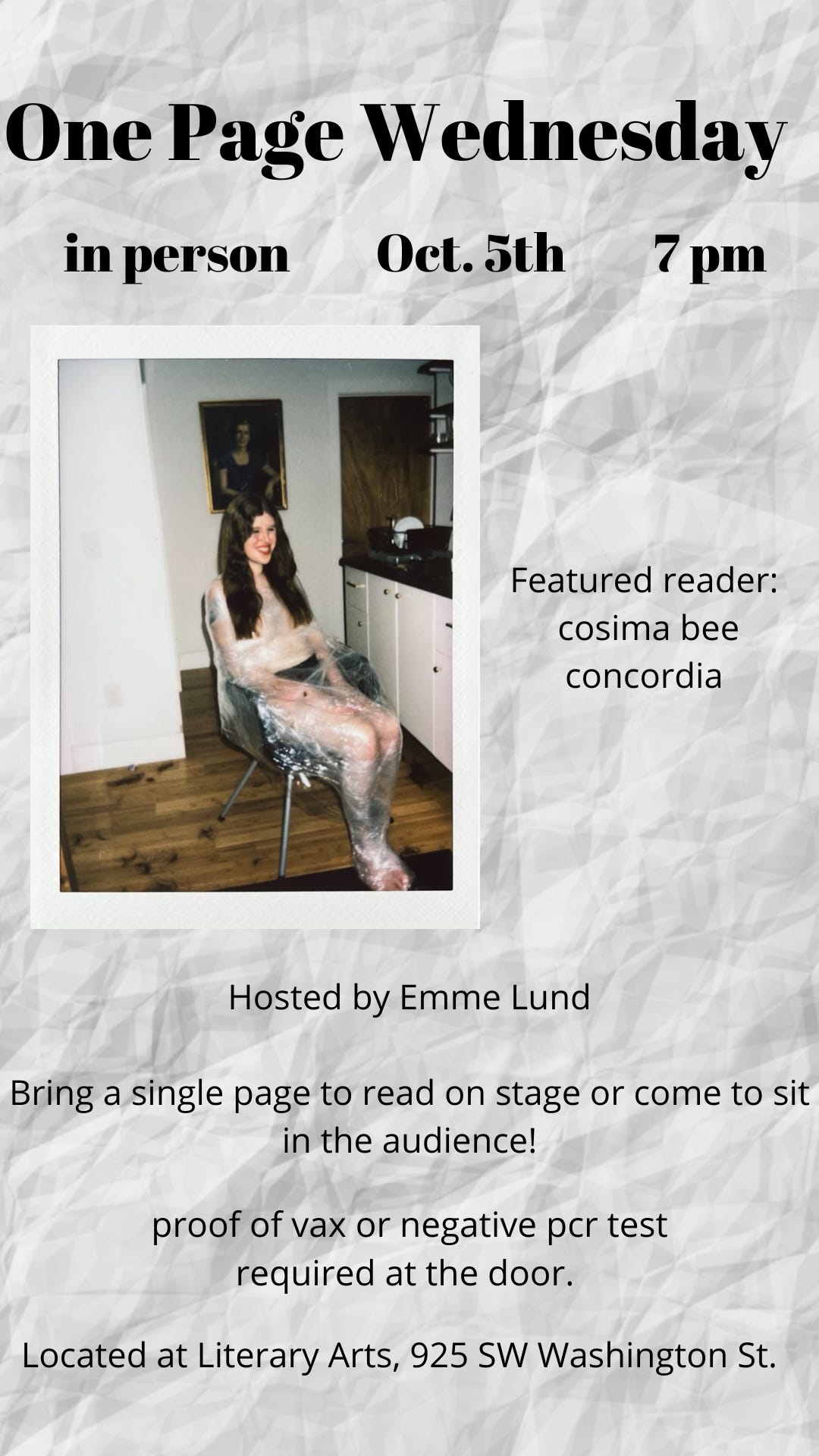 The flyer for the One-Page event. In the middle is a photo of Cosima, naked, saran wrapped to a chair