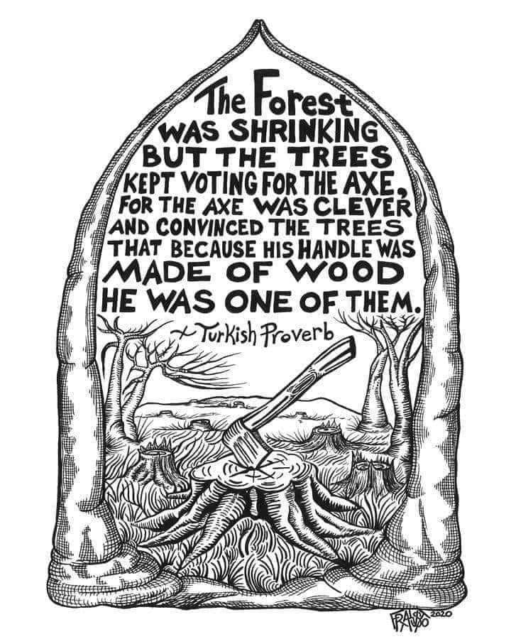 May be an image of text that says 'The Forest WAS SHRINKING BUT THE TREES KEPT VOTINGFO ΑΧΕ FOR THE AXE WAS CLEVER AND CONVINCED THE TREES THAT BECAUSE HIS HANDLE WAS MADE OF WOOD He WAS ONE OF THEM. Turkish Proverb'