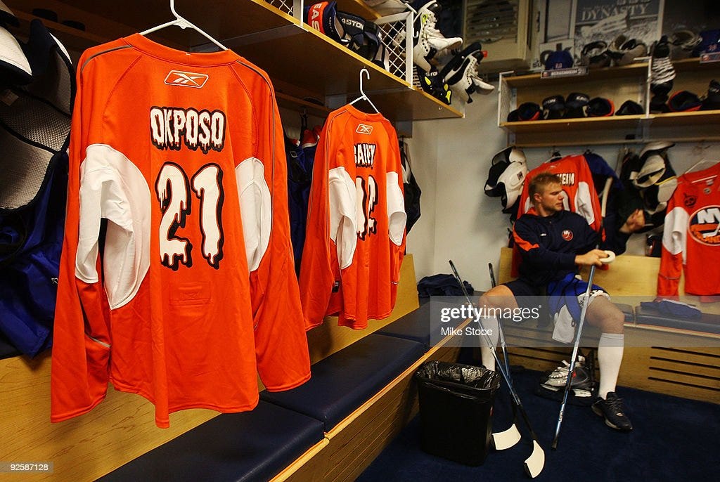 New York Islanders Halloween warm up jerseys hang in the ...