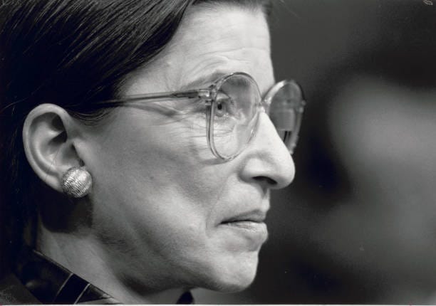Close-up of American jurist Ruth Bader Ginsburg during her testimony before the US Senate Judiciary Committee during a confirmation hearing over her...