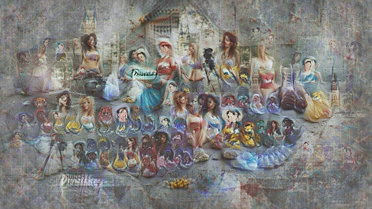 Rows of Disney princesses with weirdly emphasized bustlines, in front of pastel cottages and a blue-roofed castle. No individual character is identifiable, although they do have a Disney princess vibe to them. From a distance it's a crowd of princesses. Up close it's a crowd of nightmares.