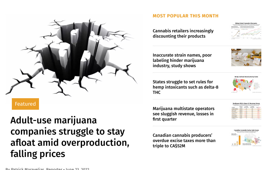 A screenshot of the front page of Marijuana Business Daily showing a number of depressing headlines for the cannabis industry.