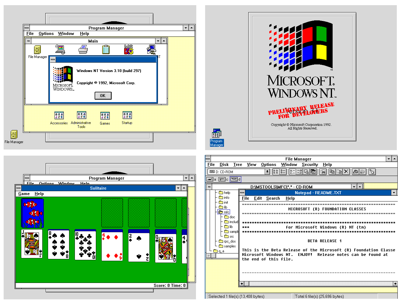 Several screen shots of Windows NT 3.1 297 including some of my own code.