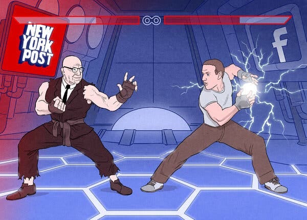 Cartoon of a video game fight scene between video game cartoon avatars of Mark Zuckerberg and Rupert Murdoch Cartoon of a video game fight scene between video game cartoon avatars of Mark Zuckerberg and Rupert Murdoch