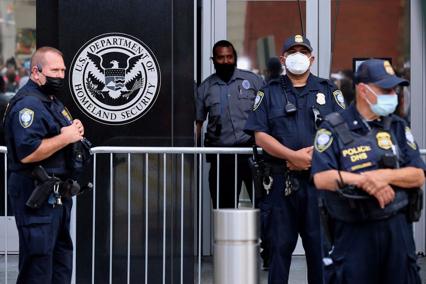 Homeland Security Police kept watch as thousands of demonstrators from across the country rally outside of Immigration and Customs Enforcement headquarters on September 21, 2021 in Washington, DC.