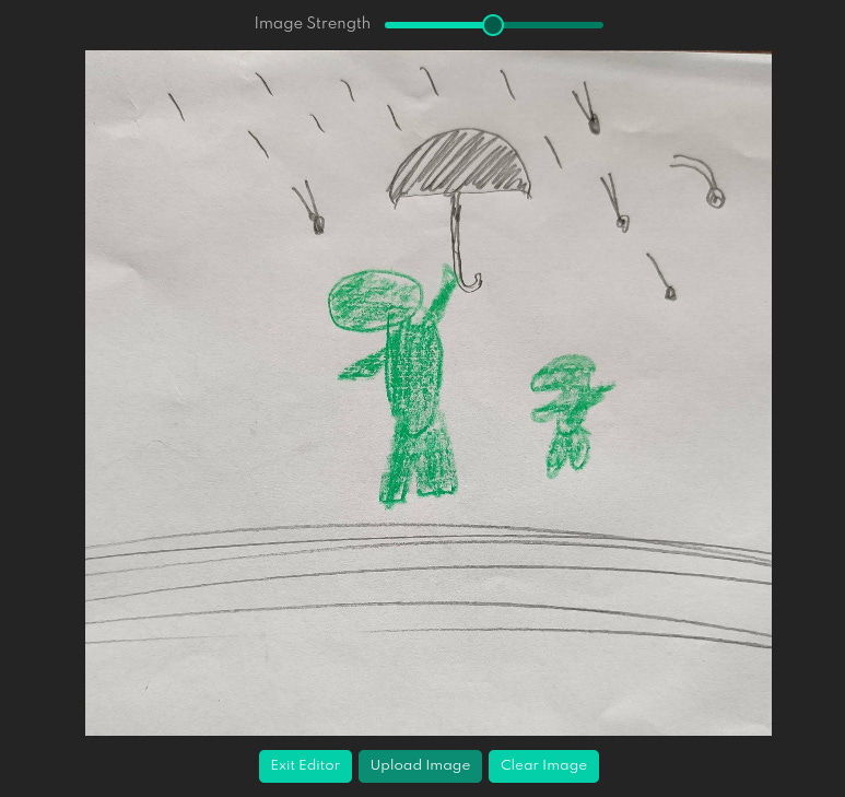 DreamStudio Editor with a custom drawing of a dinosaur holding an umbrella over his baby in a meteor storm.