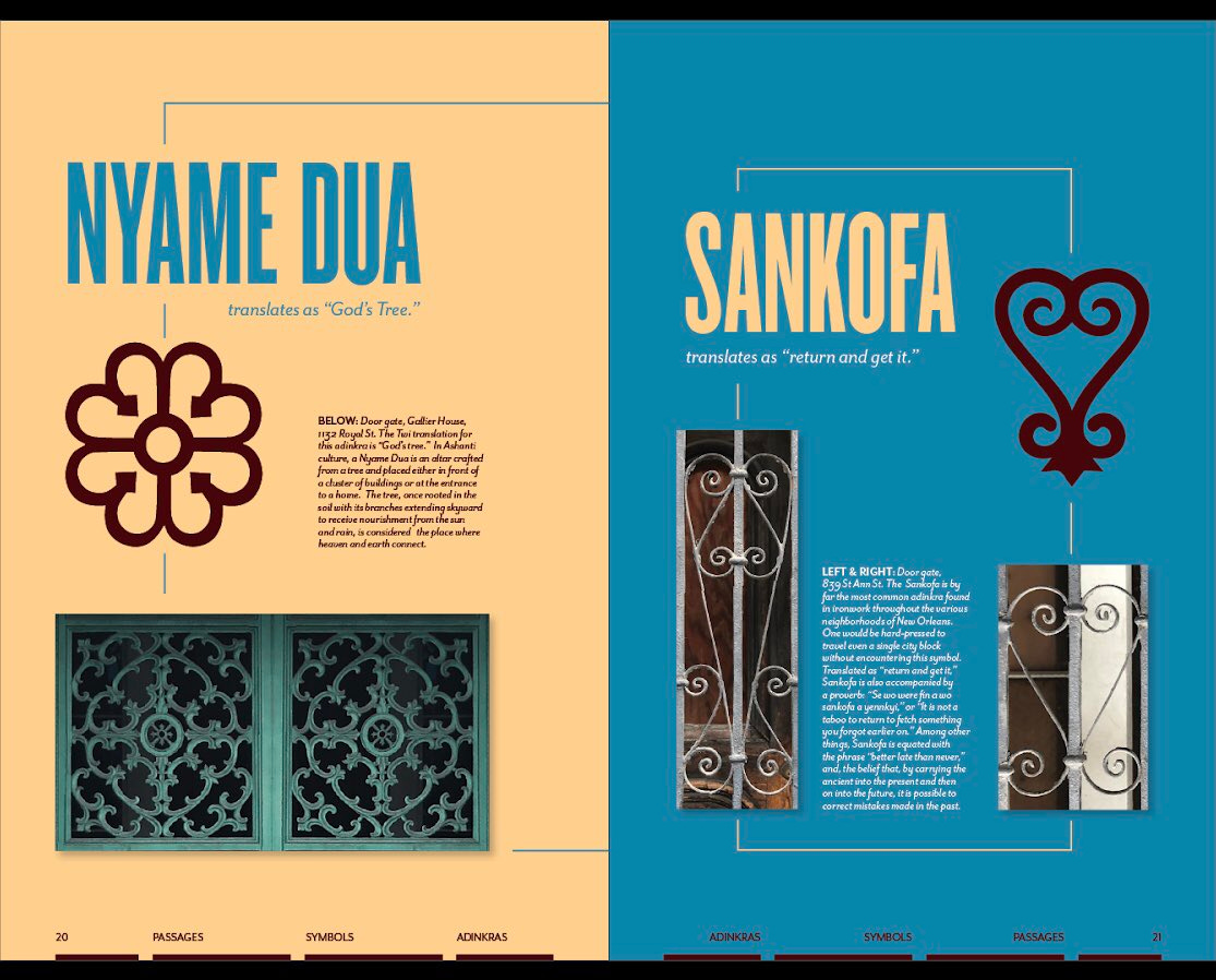 Infographic showing the adinkra symbols for nyame dua "God's tree" and sankofa ("come back and get it"). Images of the symbols are accompanied by images of ironwork that bears those symbols.