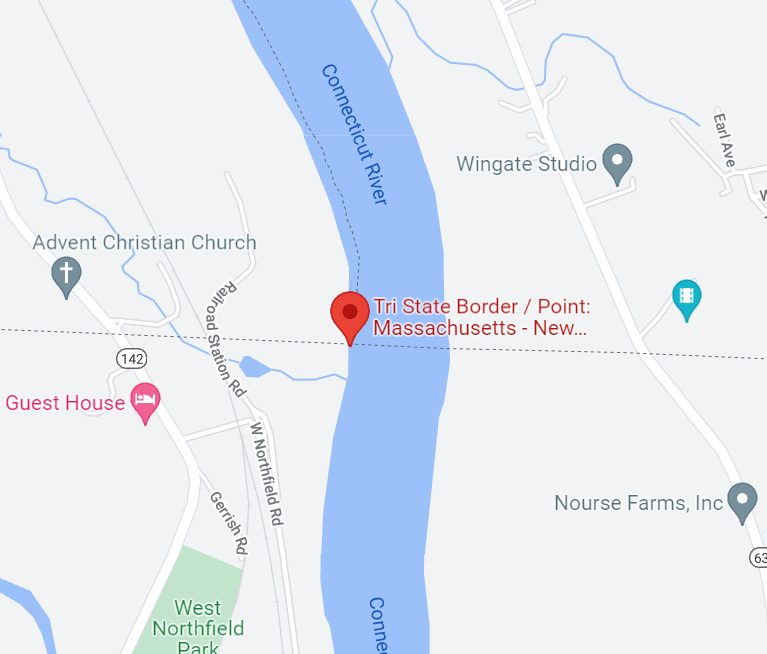 The Massachusetts-Vermont-New Hampshire tripoint on Google Maps. It's on the western shore of the Connecticut River.