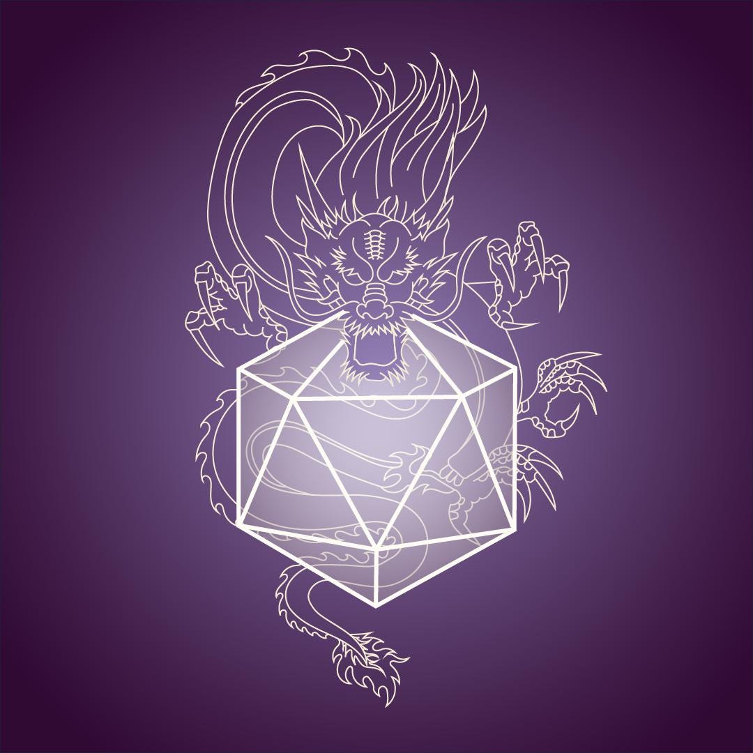 An asian style dragon wrapped around a 20 sided dice, in purple.