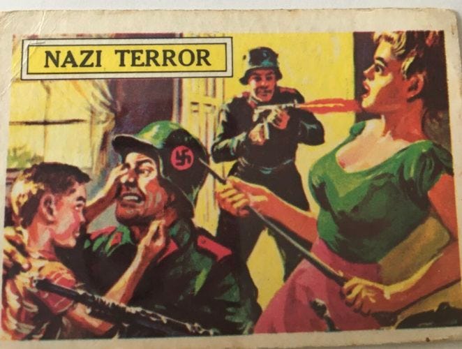 Bubblegum card showing Nazi soldiers attacking woman and child